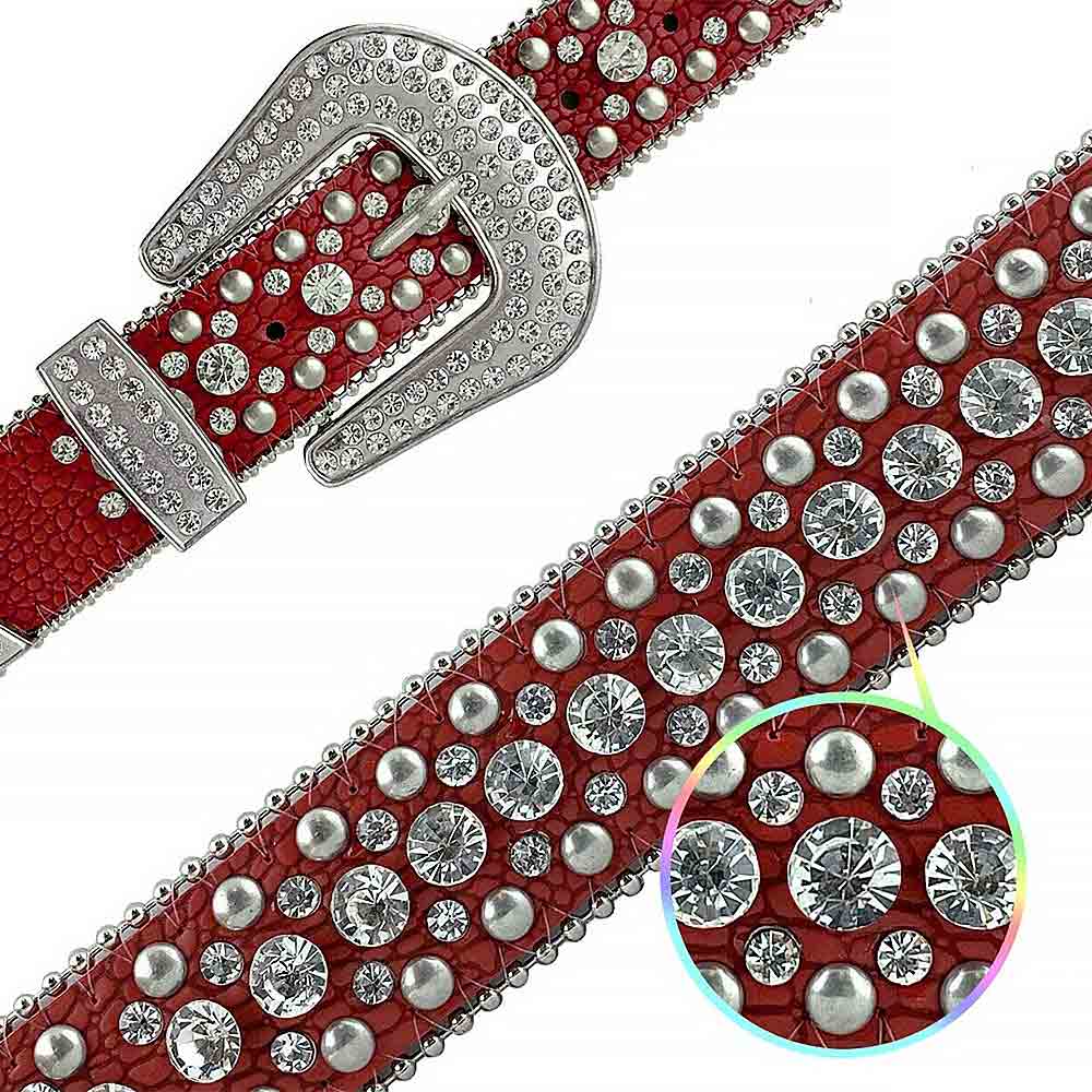 Red With Studs And White Gems Embellished Rhinestones Belts