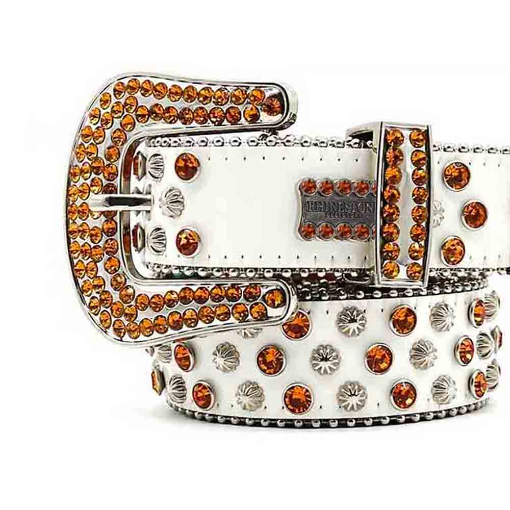 White BB Belt With Golden Faceted Crystal Rhinestone