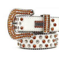 White BB Belt With Golden Faceted Crystal Rhinestone