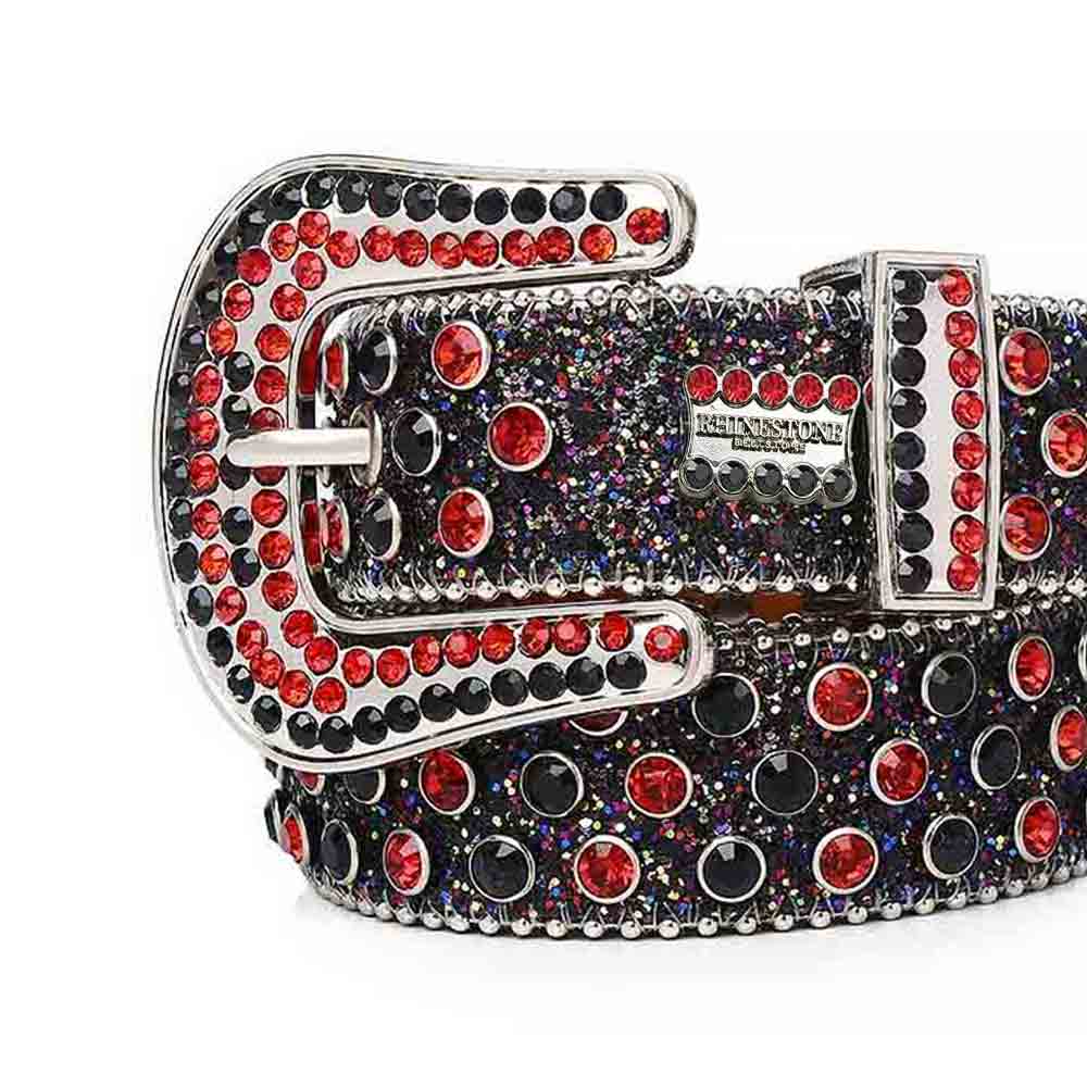 Black Lustrous Strap With Shimmer Red & Black Rhinestone Belt