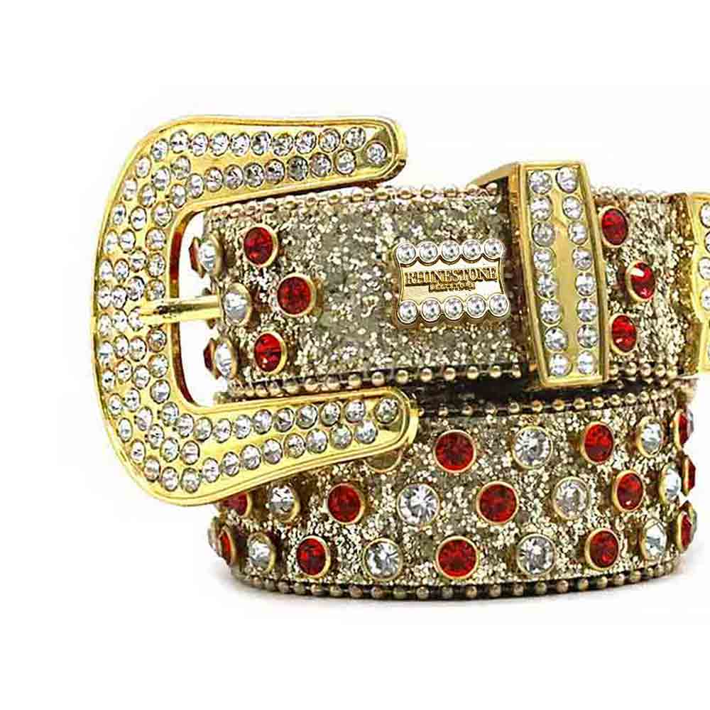 Gold Lustrous Strap With Silver & Red Encrusted Rhinestone Belt
