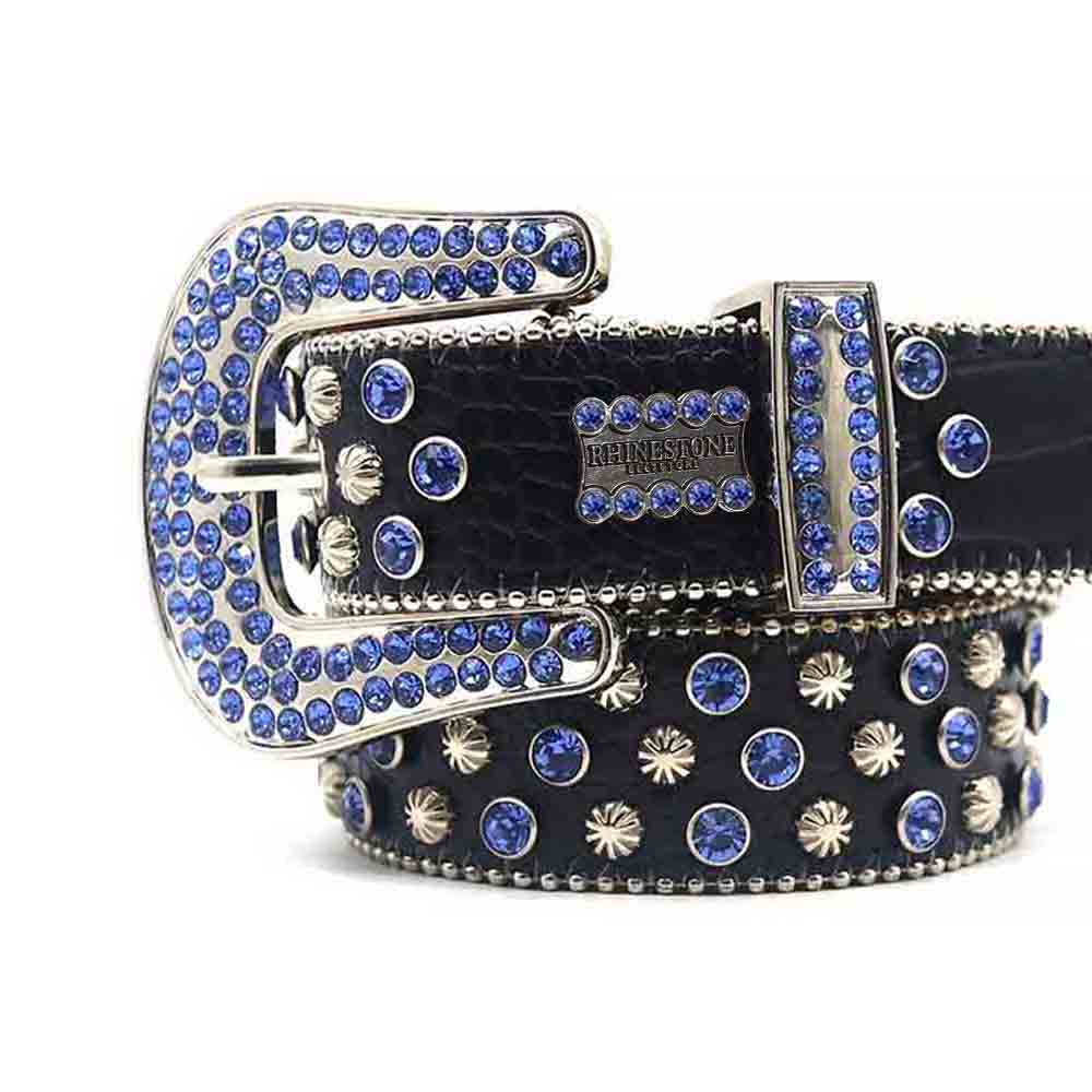 Black Strap With Blue Diamond Silver Encrusted Rhinestone Belt