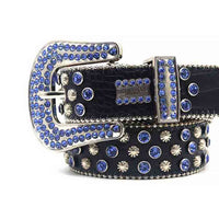 Black Strap With Blue Diamond Silver Encrusted Rhinestone Belt
