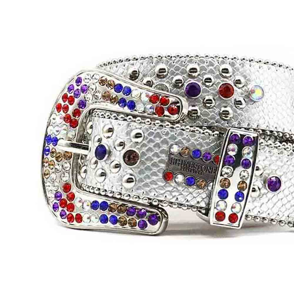 White Strap With Multi Rhinestone BB Statement Belt
