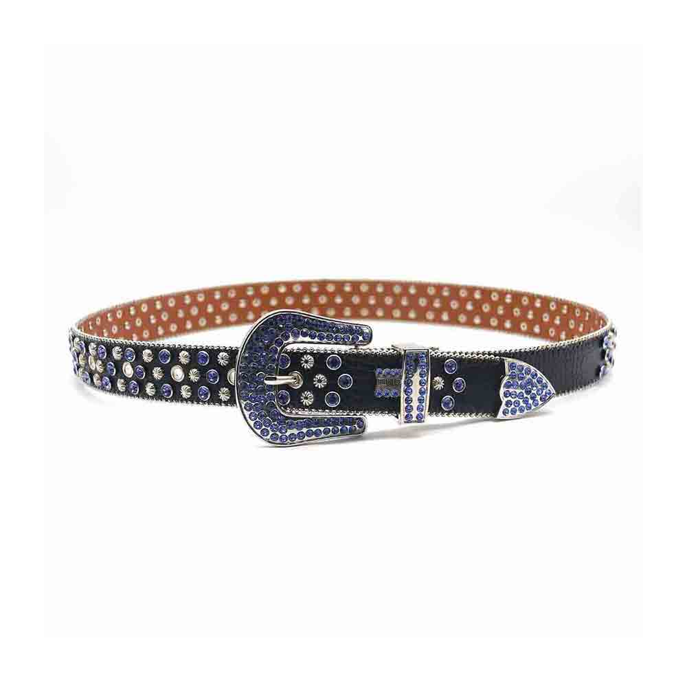 Black Strap With Blue Diamond Silver Encrusted Rhinestone Belt