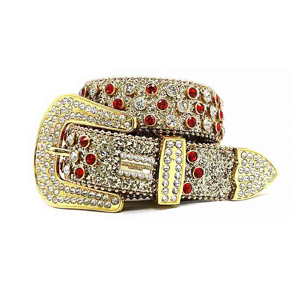 Gold Lustrous Strap With Silver & Red Encrusted Rhinestone Belt
