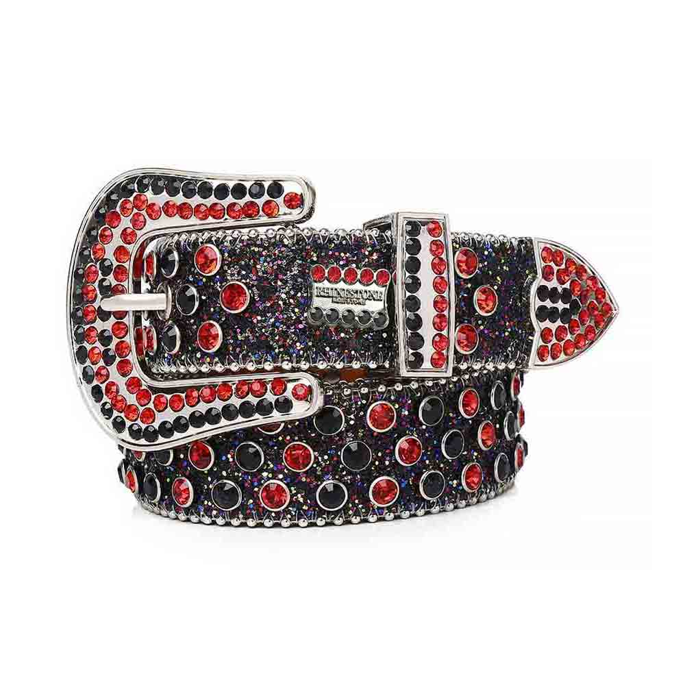 Black Lustrous Strap With Shimmer Red & Black Rhinestone Belt