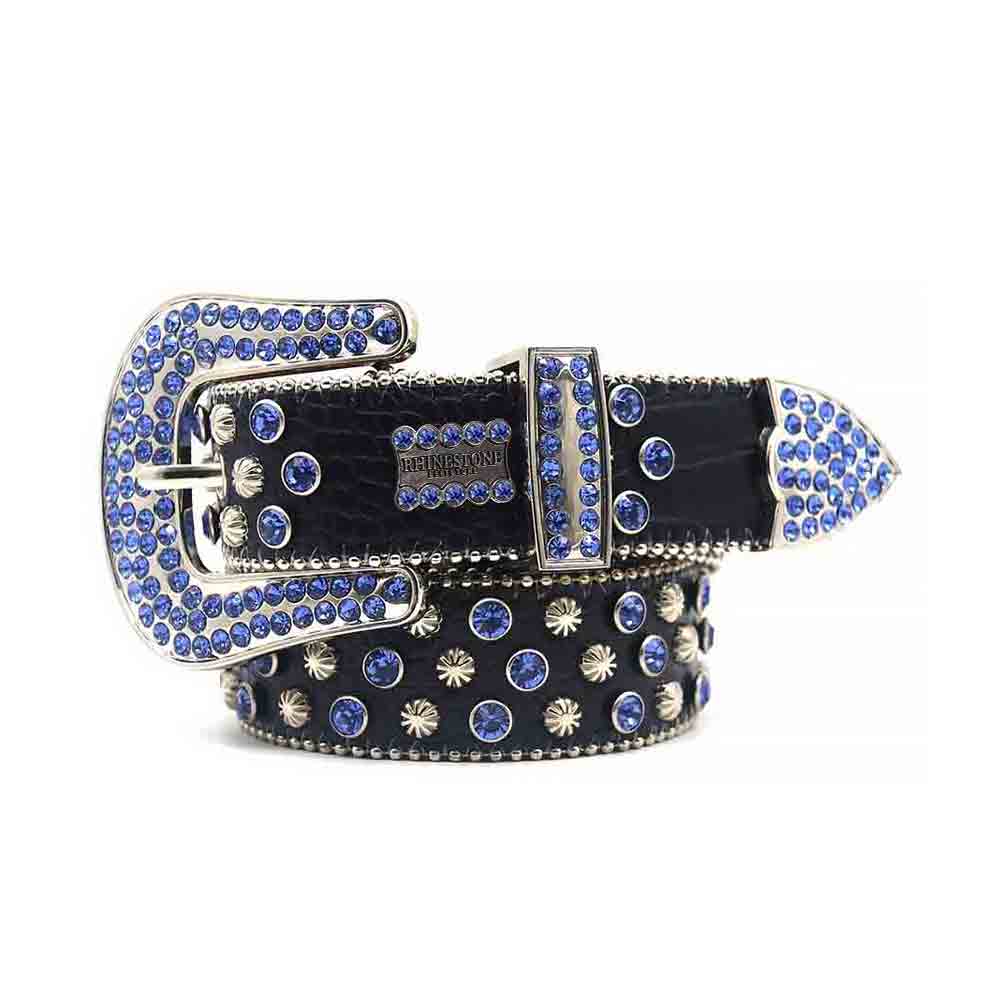 Black Strap With Blue Diamond Silver Encrusted Rhinestone Belt
