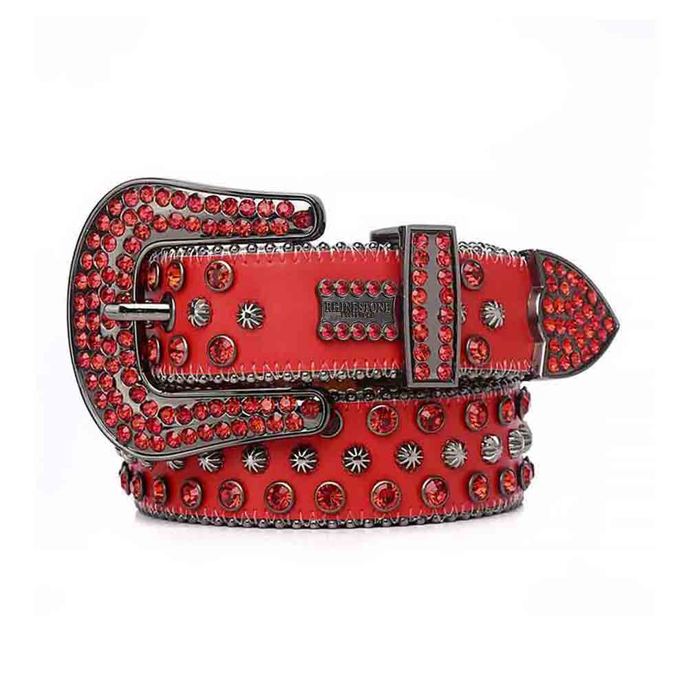 Red Strap With Red Rhinestone Hip Hop BB Statement Belt