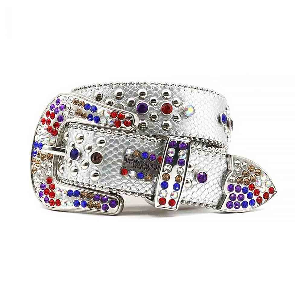 White Strap With Multi Rhinestone BB Statement Belt