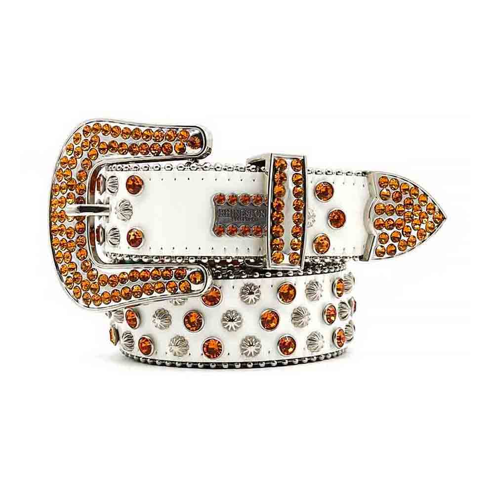 White BB Belt With Golden Faceted Crystal Rhinestone