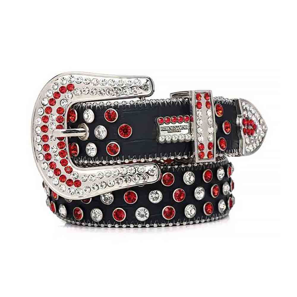 Black Strap With Red & White Rhinestone Glimmering BB Belt