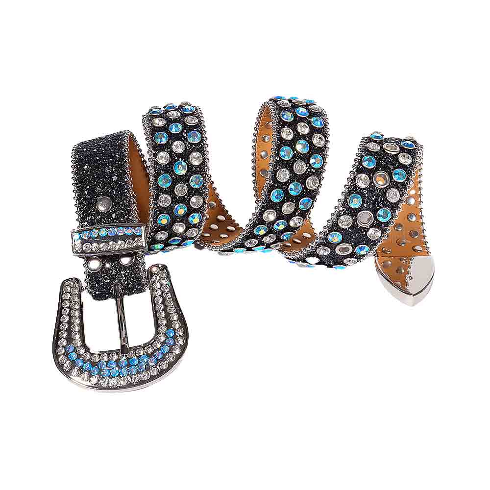 Sparkling Rhinestone Black Belt And Blue & Diamond Faceted Crystals stones Silver Buckle Embellished With Blue & Diamond Rhinestones