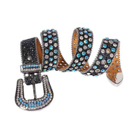Sparkling Rhinestone Black Belt And Blue & Diamond Faceted Crystals stones Silver Buckle Embellished With Blue & Diamond Rhinestones