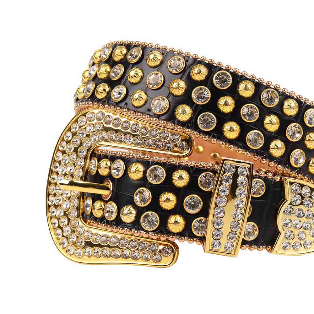 Sparkling Rhinestone Black belt and White Crystal Diamonds with Gold Buckle Encrusted with White Faceted Crystal Diamonds Rhinestones