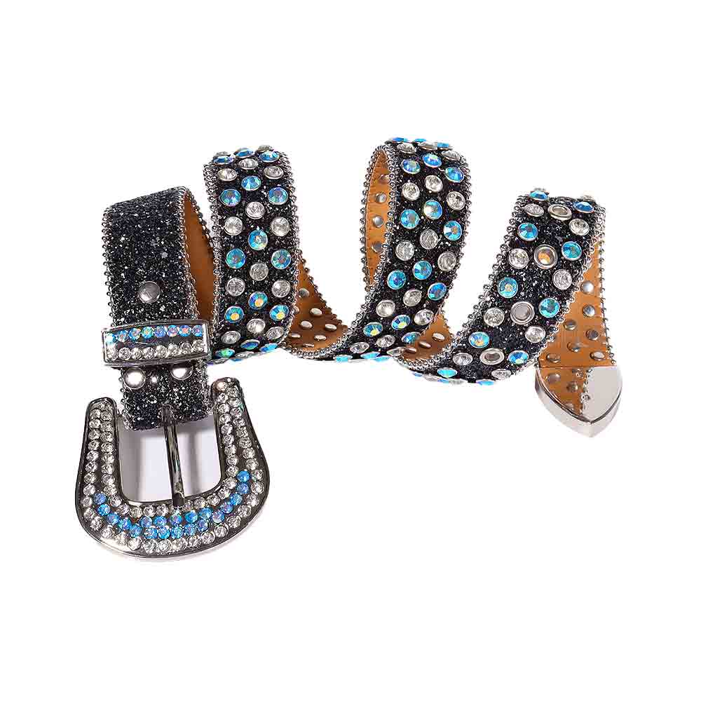 Crystal-Studded Black belt and white Faceted Crystal and Blue Crystal Multicolour Diamonds with Silver Buckle Studded with white Crystal Diamonds Blue Faceted Crystal Multicolor Diamonds Rhinestones