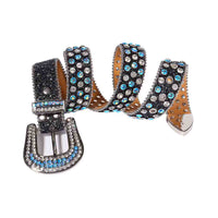 Crystal-Studded Black belt and white Faceted Crystal and Blue Crystal Multicolour Diamonds with Silver Buckle Studded with white Crystal Diamonds Blue Faceted Crystal Multicolor Diamonds Rhinestones