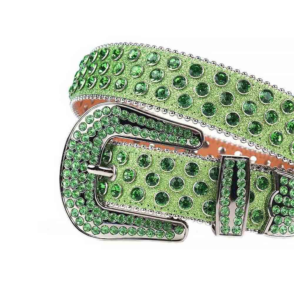 Crystal-Studded Green Belt And Green Gems Grey Buckle Adorned With Green Rhinestones
