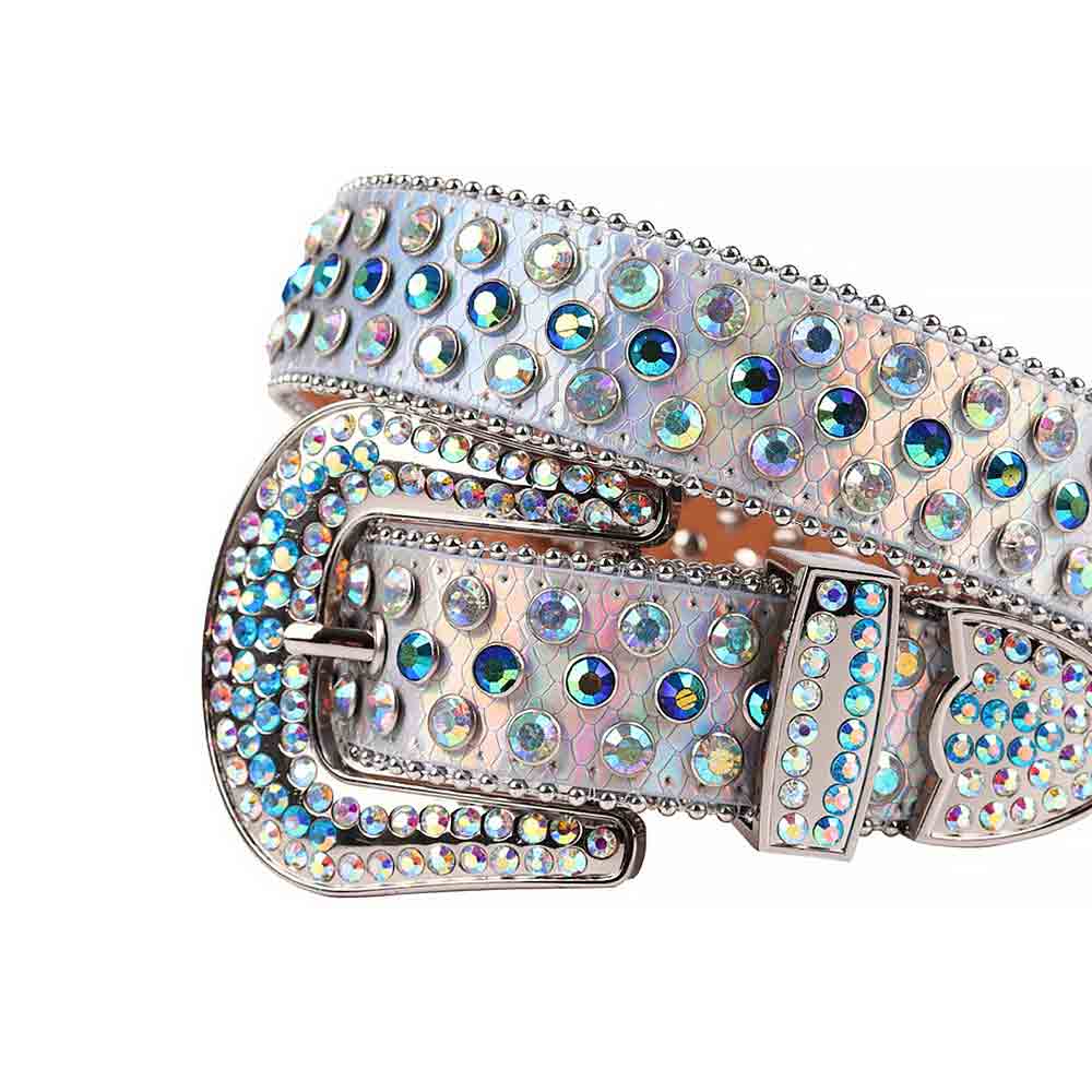 Sparkling Rhinestone Muti colour Belt with White Blue Faceted Crystal Multicolour Diamonds and Silver Buckle Embellished with White Blue Crystal Multicolor Diamonds Rhinestones