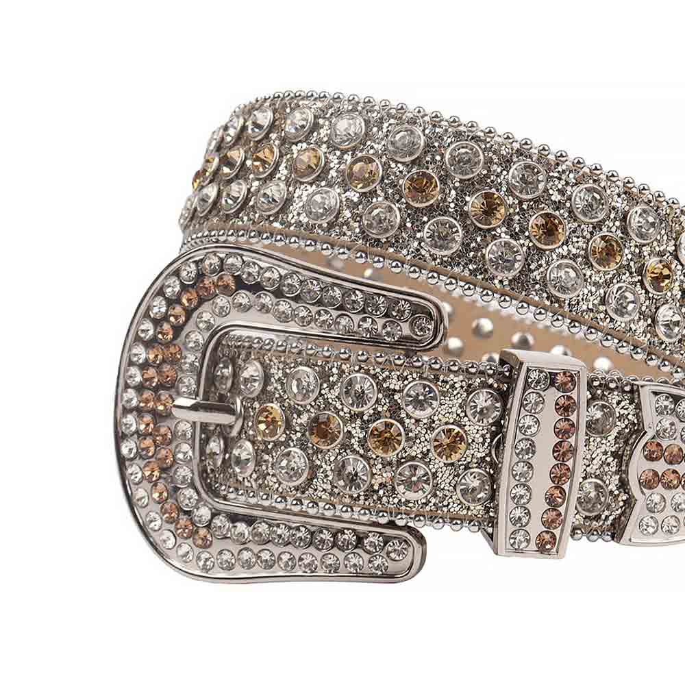 Crystal-Studded Silver belt and Brown & White Faceted Crystal Diamonds with Silver Buckle Embellished with Brown & White Crystal Diamonds Rhinestones