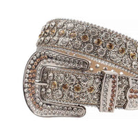 Crystal-Studded Silver belt and Brown & White Faceted Crystal Diamonds with Silver Buckle Embellished with Brown & White Crystal Diamonds Rhinestones