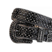 Sparkling Rhinestone Studded Black Genuine Leather Belt with Black Gems