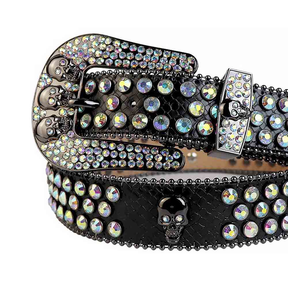 Crystal-Studded Black Belt And Multi Colour Studs Black Skulls Buckle Adorned With Multi Color Rhinestones