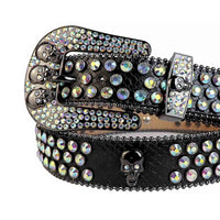 Crystal-Studded Black Belt And Multi Colour Studs Black Skulls Buckle Adorned With Multi Color Rhinestones