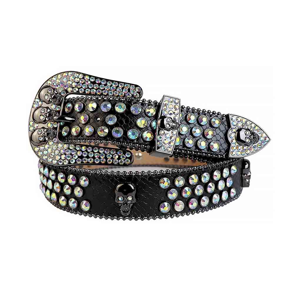 Crystal-Studded Black Belt And Multi Colour Studs Black Skulls Buckle Adorned With Multi Color Rhinestones