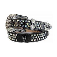 Crystal-Studded Black Belt And Multi Colour Studs Black Skulls Buckle Adorned With Multi Color Rhinestones