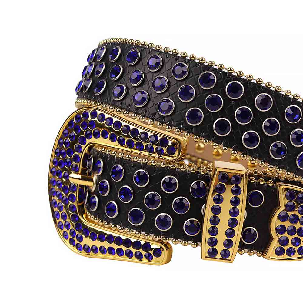Crystal-Studded Black belt and Blue Faceted Crystal Diamonds with Gold Buckle Studded with Blue Faceted Crystal Diamonds Rhinestones