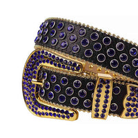 Crystal-Studded Black belt and Blue Faceted Crystal Diamonds with Gold Buckle Studded with Blue Faceted Crystal Diamonds Rhinestones