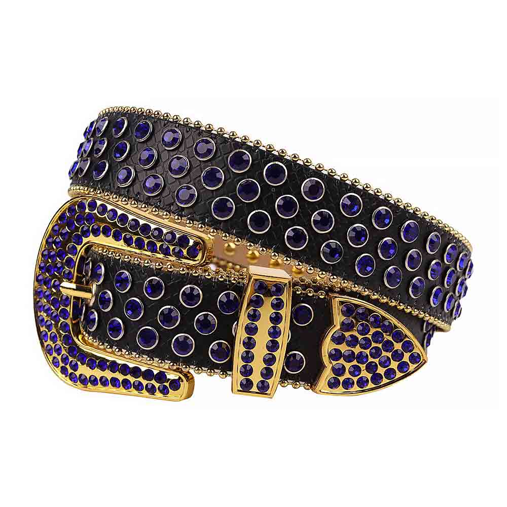 Crystal-Studded Black belt and Blue Faceted Crystal Diamonds with Gold Buckle Studded with Blue Faceted Crystal Diamonds Rhinestones