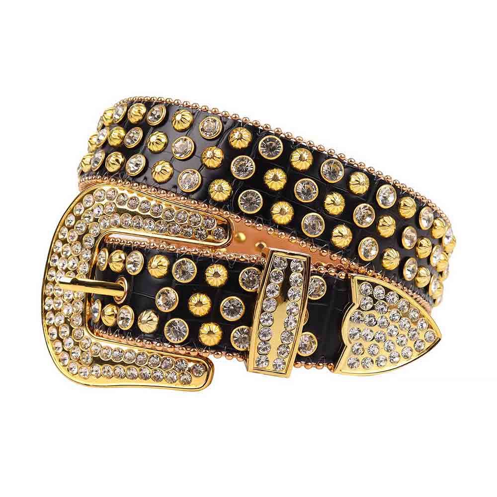 Sparkling Rhinestone Black belt and White Crystal Diamonds with Gold Buckle Encrusted with White Faceted Crystal Diamonds Rhinestones