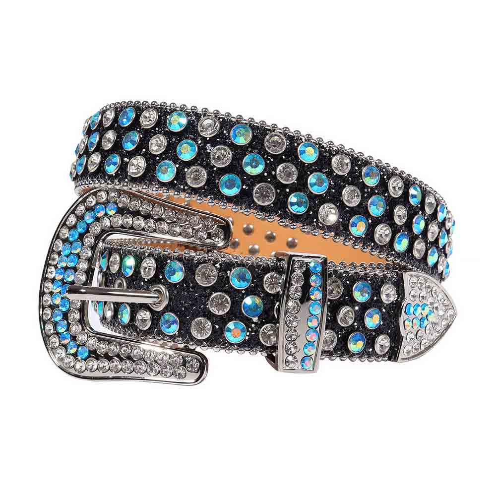 Crystal-Studded Black belt and white Faceted Crystal and Blue Crystal Multicolour Diamonds with Silver Buckle Studded with white Crystal Diamonds Blue Faceted Crystal Multicolor Diamonds Rhinestones