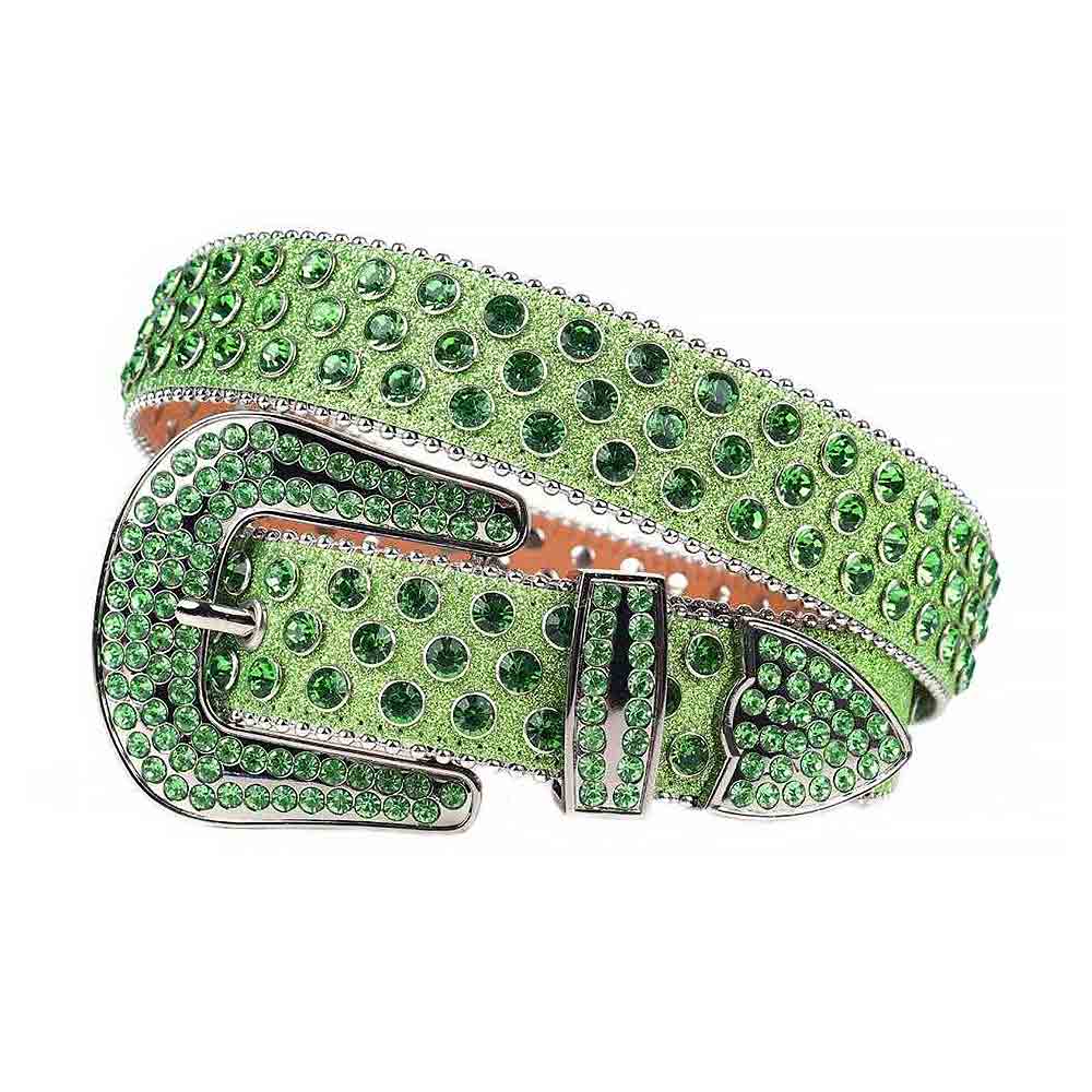 Crystal-Studded Green Belt And Green Gems Grey Buckle Adorned With Green Rhinestones