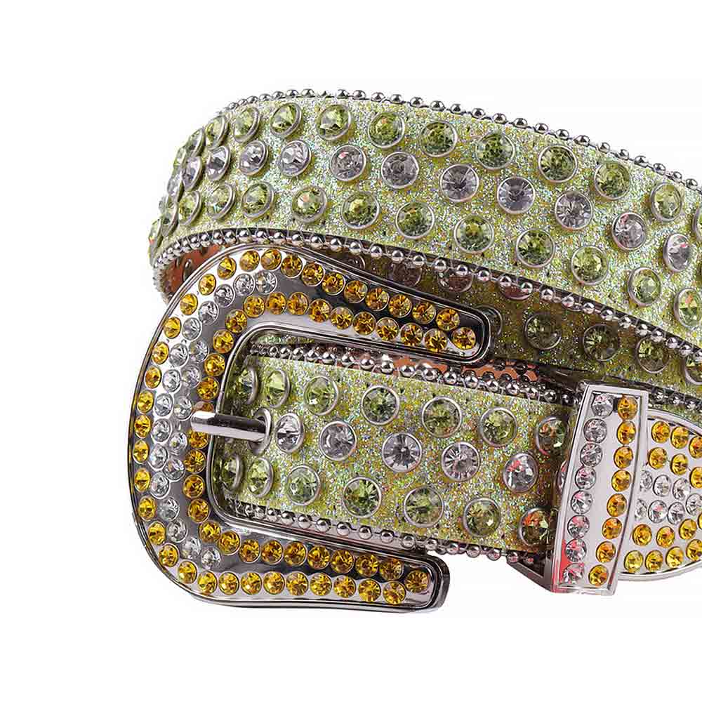 Crystal-Studded Green Belt and White Green Faceted Crystal Diamonds Silver Buckle Embellished with White and Orange Crystal Diamonds Rhinestones