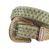 Crystal-Studded Green Belt and White Green Faceted Crystal Diamonds Silver Buckle Embellished with White and Orange Crystal Diamonds Rhinestones