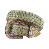 Crystal-Studded Green Belt and White Green Faceted Crystal Diamonds Silver Buckle Embellished with White and Orange Crystal Diamonds Rhinestones