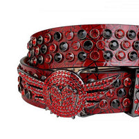 Crystal-Studded Red Belt And Black & Red Gems Dark Grey Angel Wings Shaped Buckle Embellished With Red & Black Rhinestones