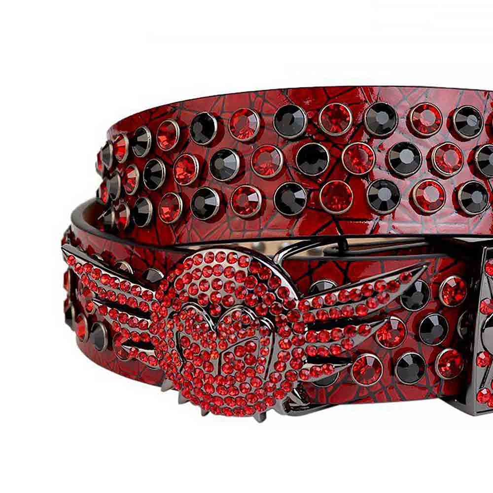 Sparkling Rhinestone Red Belt And Black & Red Gems Dark Grey Angel Wings Shaped Buckle Adorned With Red & Black Rhinestones