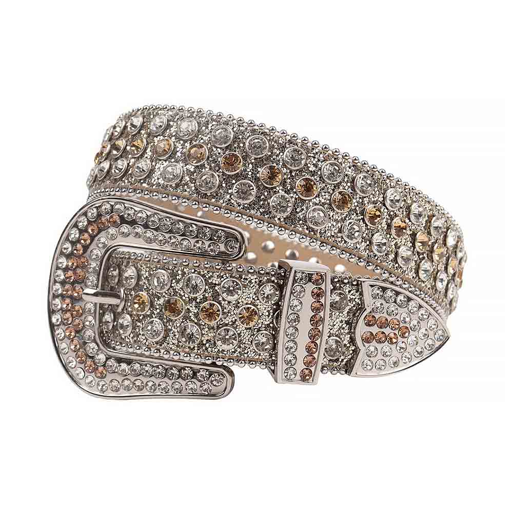 Crystal-Studded Silver belt and Brown & White Faceted Crystal Diamonds with Silver Buckle Embellished with Brown & White Crystal Diamonds Rhinestones