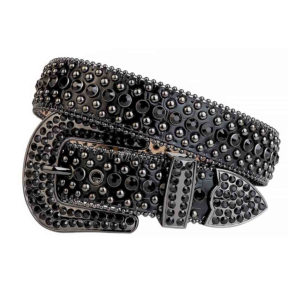 Sparkling Rhinestone Studded Black Genuine Leather Belt with Black Gems