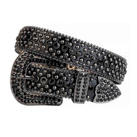 Crystal-Studded Encrusted Black Leather Waist Belt with Black Stones