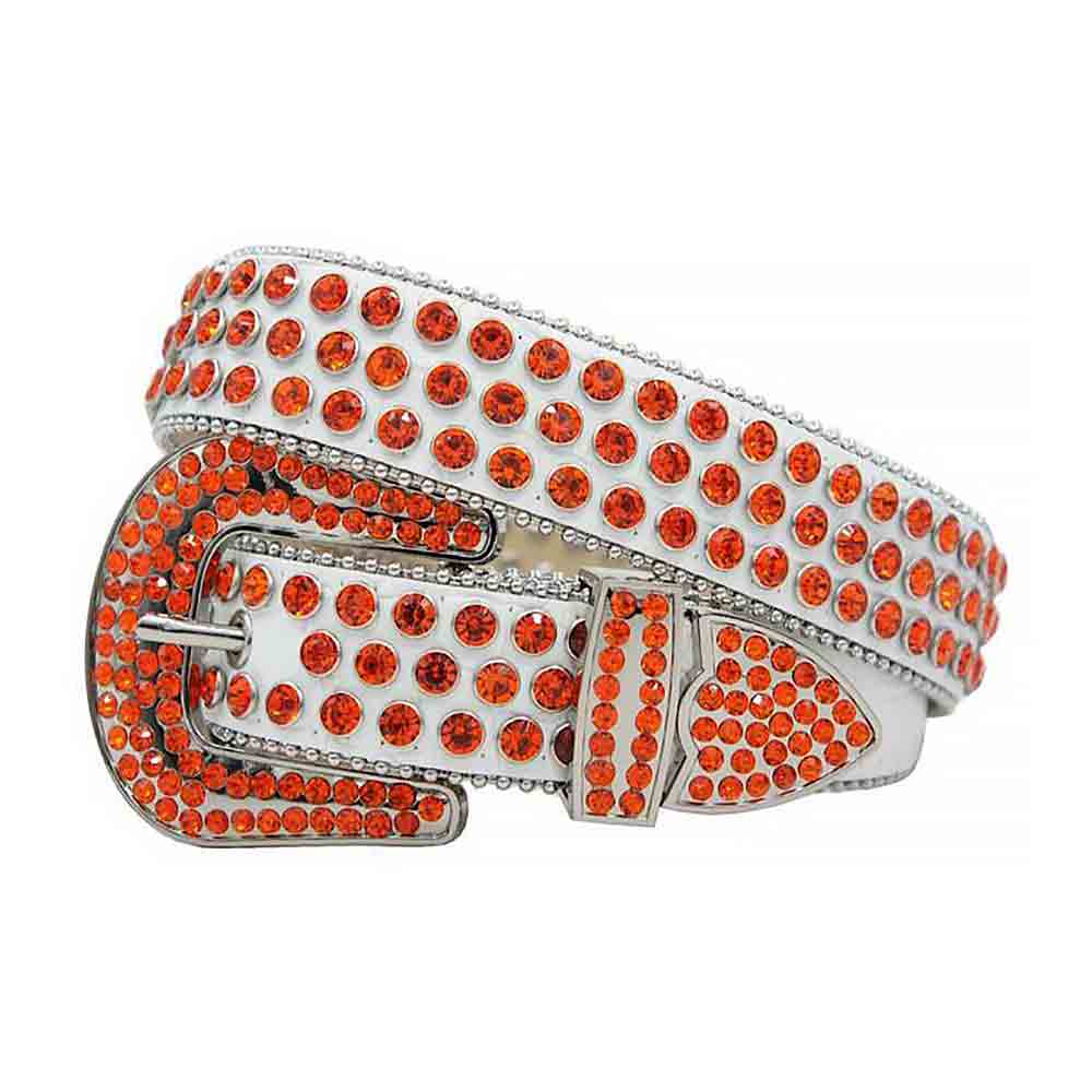 Sparkling Rhinestone White Belt And Orange Studs Grey Buckle Embellished With Orange Rhinestones