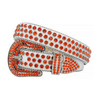 Sparkling Rhinestone White Belt And Orange Studs Grey Buckle Embellished With Orange Rhinestones