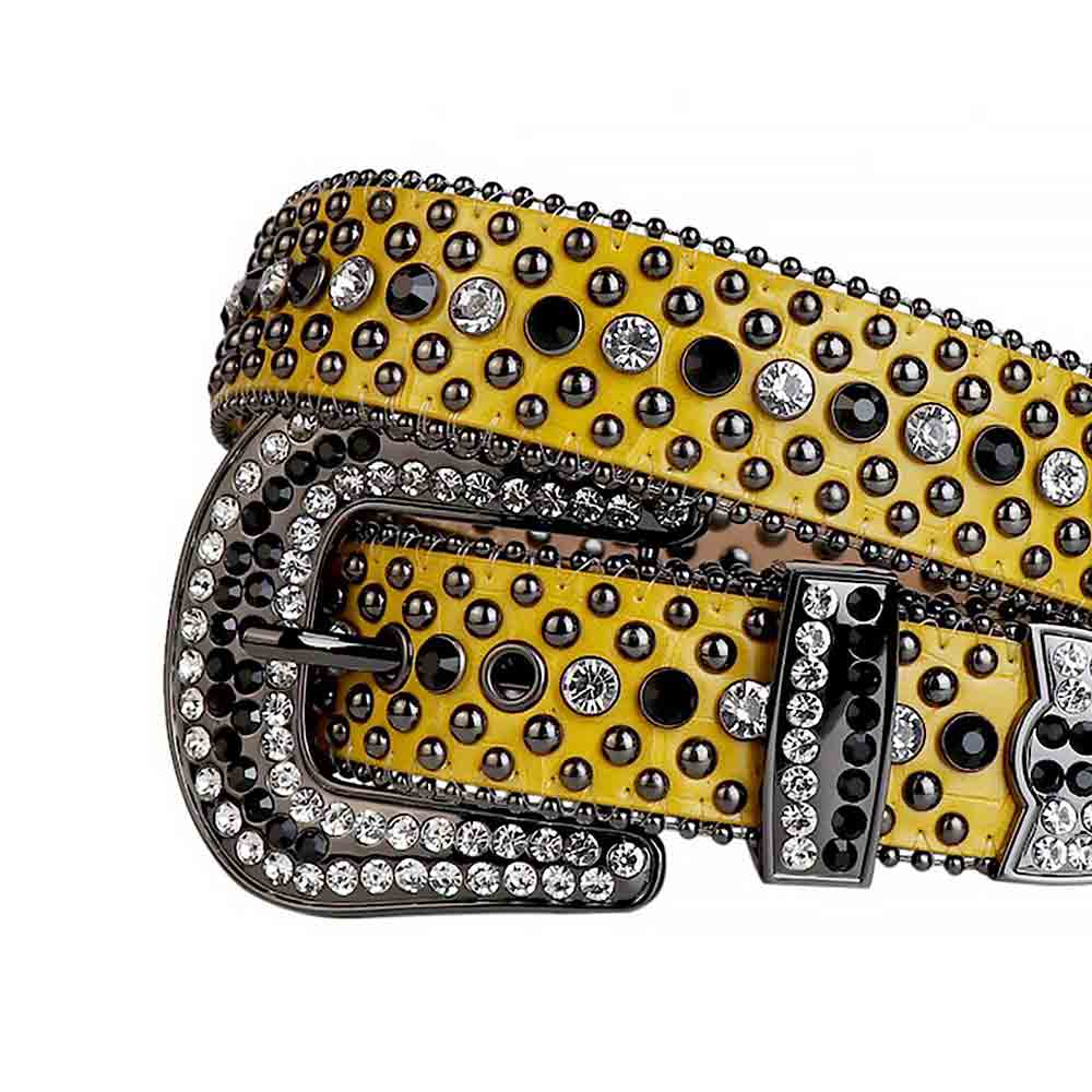 Sparkling Rhinestone Yellow Belt And Black & Transparent Gems Silver Buckle studded With Black & Faceted Crystal Rhinestones