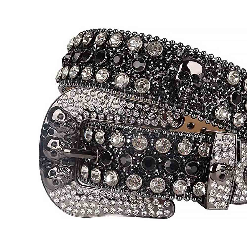 Rhinestone-Studded Glitter Black Genuine Leather Belts Skull Buckle With Black And Faceted Crystal White Stones