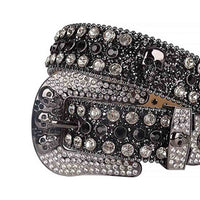 Rhinestone-Studded Glitter Black Genuine Leather Belts Skull Buckle With Black And Faceted Crystal White Stones