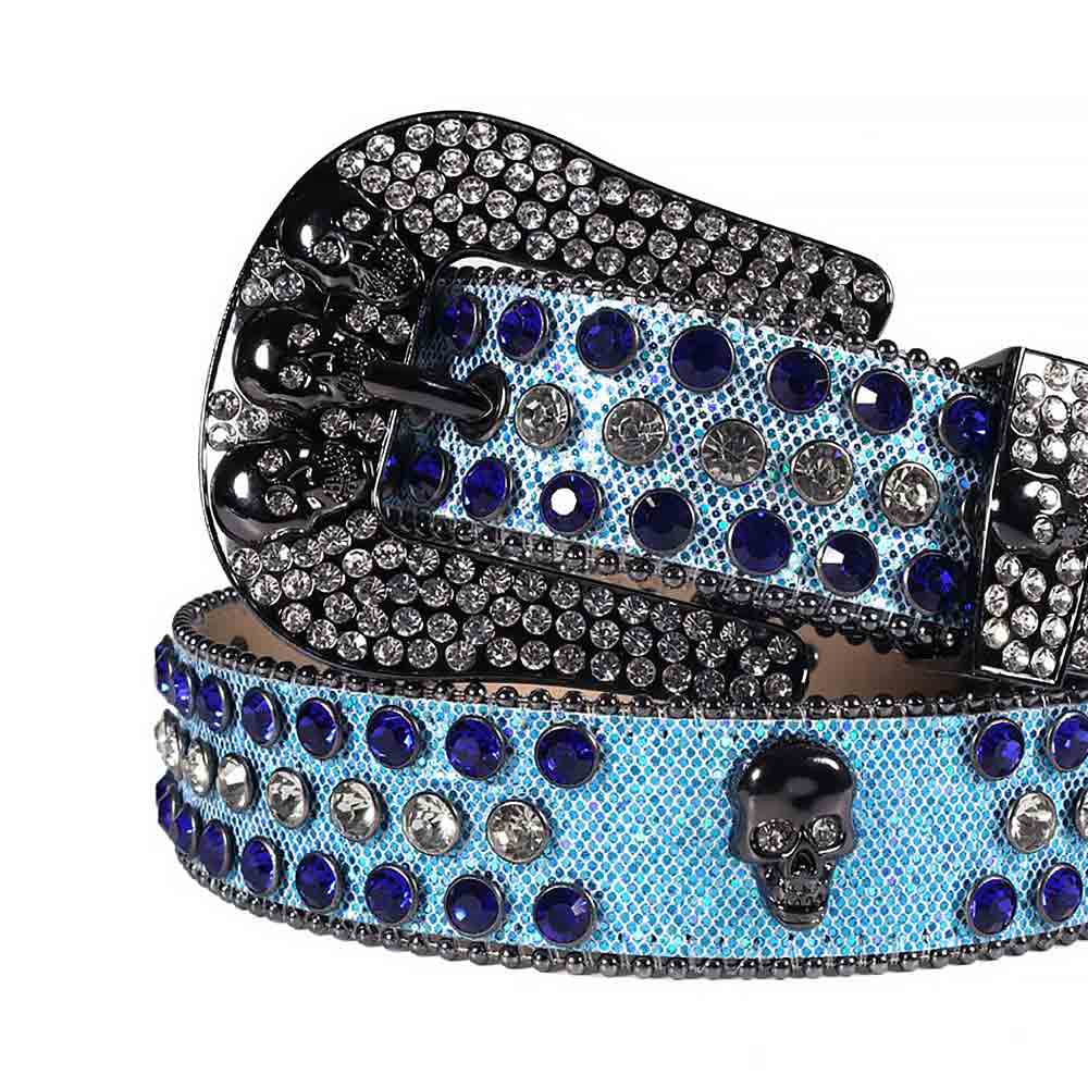 Rhinestone-Studded Glitter Light Blue Leather Strap Skull Buckle Belts With Royal Blue And Faceted Crystal White Gems